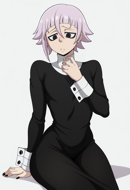 (masterpiece,amazing quality,best quality,anime coloring,beautiful colors,very aesthetic,digital art,illustration,perfect composition,intricate details,absurdres,incredibly absurdres, perfect body, sexy,shadows),(((((white background))))),<lora:blackwhiplash(bwl)-guy90-Illust-Lycorisv1:1>,blaash,<lora:crona:1>,crona,short hair,long sleeves,dress,pink hair,purple hair,black eyes,black dress,black nails,long dress,bags under eyes,cowboy shot,white background,parted lips,wrist cuffs,cowboy shot,sitting,