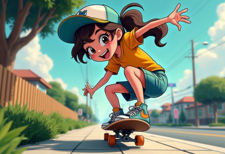 cartoon style teenage girl in skateboard outfit jumping from roadway to sidewalk, mid-air, knees bent as skateboard spins underneath, wearing baseball cap with visor backwards