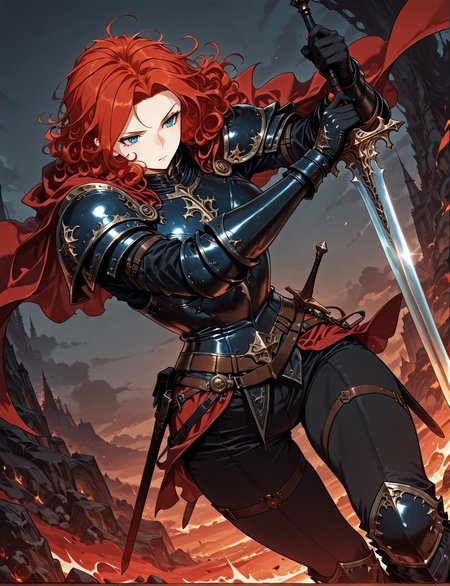<lora:Alicia_Termina_Magentano__The_Greatest_Estate_Designer:1>
1 girl, solo, red hair, blue eyes, medium hair, curly hair
armor, red cape, black shoulder armor, black pauldrons, black gauntlets, black breastplate,  sheath, sword
masterpiece, best quality,high quality, newest, highres,8K,HDR,absurdres, dynamic pose, dynamic composition,dutch angle, depth of field,dark_theme,detailed backgroud,foreshortening <lora:iLLMythG0thicL1nes:1>