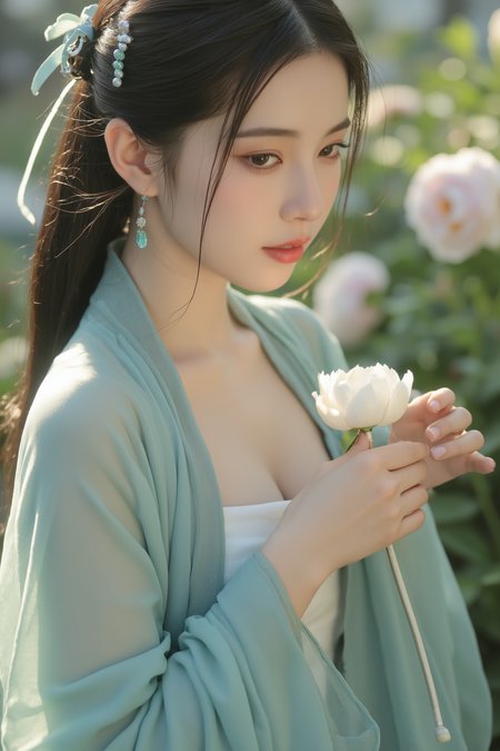 <lora:ãéº¦æ©éè¡£ãMajicflus:0.7>, qingyi, In the soft morning mist, a close-up captures a young woman dressed in a cyan hanfu, with fabric as light as a cicadaâs wings, revealing her collarbones and the delicate glow of her skin beneath the open neckline. She gently cradles a dew-laden white flower, her gaze tender and serene. Her loosely styled hair is adorned with small jade pins and slender silver ribbons that drape over her shoulder. The background features a blooming peony garden, with sunlight streaming through the blossoms, casting warm and tranquil shadows.âââ