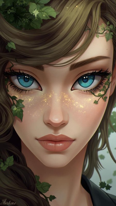 <lora:ck-LttleGhost-000011.safetensors:1> in the style of ck-lttlegh0stA woman's face fills the frame, her intense blue eyes captivating due to subtle hints of golden sparkles. Delicate leaves and vines blend into her eyelashes as part of nature-inspired makeup, creating a mesmerizing effect. The overall look is an artistic blend of natural beauty and meticulous design.