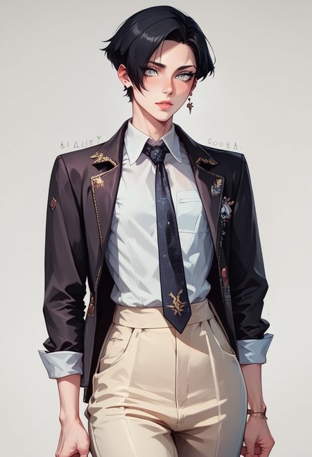 score_9, score_8_up, score_7_up, 1boy, femboy, otoko no ko, short hair, bob cut hair, black hair, grey eyes, gray eyes, feminine face, toned body, Shelly, 1930s fashion style, vintage, collared shirt, suit jacket, tie, pants, highly detailed, intricate, zzCitronCAT, pose, modelshoot