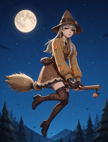 lexahex1x, broom riding, flying, night, moon <lora:Lexa_Hexbringer_ILL:1>