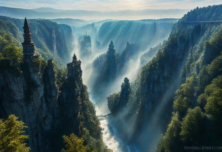 towers ringed in mist, sunrays, mixed media, surrealism, fantasy, great lighting, A surreal landscape highly detailed, extremely high-resolution details, appears trapped in an optical illusion of reflections and refractions colorful, Zhangjiajie mountains,  Vienna in contemporary Austria, stone bridges, winding rivers extending to the horizon, professional photography, natural lighting, volumetric lighting maximalist. vivid, vibrant colors, intricately detailed, complex, elegant, expansive, fantastical, film photography style, medium grain, cmnt
 (8k uhd:1,4)
 <lora:add-detail-xl:1>
 <lora:Dynamic Poses:1>