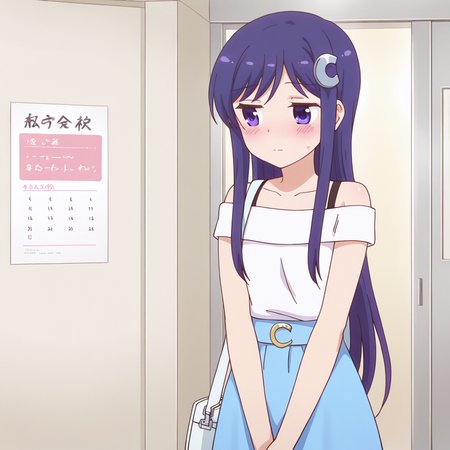 nsfw, masterpiece,best quality,amazing quality,1girl, solo, anima_yell_hizume_arima, long hair, shirt, hair ornament, bag, white shirt, purple eyes, blush, closed mouth,off shoulder, v arms, collarbone, bangs, blue skirt, blue hair, purple hair, looking away, indoors, crescent hair ornament, short sleeves, shoulder bag, bare shoulders, handbag, crescent, off-shoulder shirt, <lora:Hizume_Arima_-_Anima_Yell:0.7>