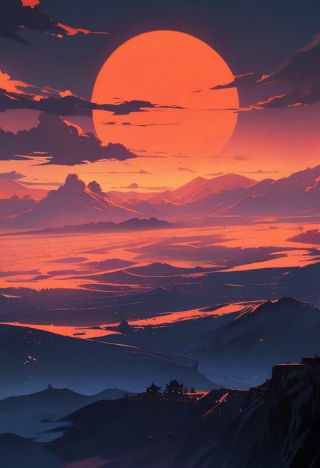 masterpiece, best quality, high contrast, beautiful Landscape, overview, sunset, 
moon scenery,