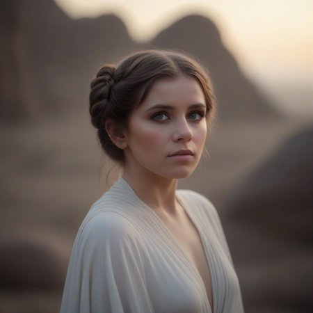 1female, Star Wars prises Leia, (delicate face, beautiful eyes, natural, eye contact), 1male, Luke Skywalker by her side, full body photo, scenic, shallow depth of field, vignette, highly detailed, high budget Hollywood film, bokeh, cinemascope, moody, epic, gorgeous, film grain, Canon EOS R,Canon RF 85mm F1.2L USM, ISO 100