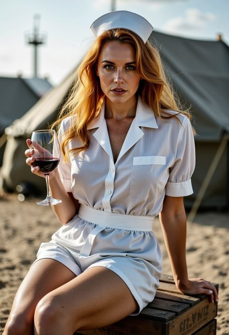 A **hyper-realistic RAW photograph in the style of Robert Capa**, shot on **Kodachrome 1940s film**, capturing a **busty, red hair U.S. Army nurse** in a quiet, seductive moment after a long day on the **beaches of Normandy, 1944**. She sits gracefully on a **wooden crate**, her **tight, slightly disheveled white nurse uniform** accentuating her curves, with the fabric gently pulling at the waist, revealing her **hourglass figure**. The **golden hour light** bathes her in soft, **dramatic shadows**, highlighting her **glowing skin** as she casually letting her **blonde hair fall in loose waves**.  
Her **gaze is playful, yet proud**, as she sits with one leg crossed over the other, relaxed and confident, taking a moment of rest amid the chaos. A **glass of red wine** is held delicately between her fingers, adding to the seductive, vintage atmosphere. The **deep background is blurred**, with the faint outlines of a **makeshift medical tent** and **shadows of soldiers** fading into the distance. The **grainy texture and muted tones** of the **Kodachrome film** enhance the timeless, intimate feel of the moment, evoking a sense of **sensual strength and quiet pride**, as the nurse reflects on her role amidst the war-torn landscape.
