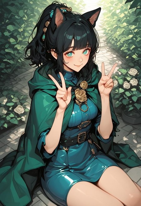 score_9, score_8_up, score_7_up, score_6_up, score_5_up, (art, sitting, hands up,  v, (psychedelic), garden, sunlight, dog ears, metal floor, rose, green cape, tattered cape, hood up, blue latex dress, hair ornament, 1girl, ponytail, black hair, blunt bang, smile, closed mouth)