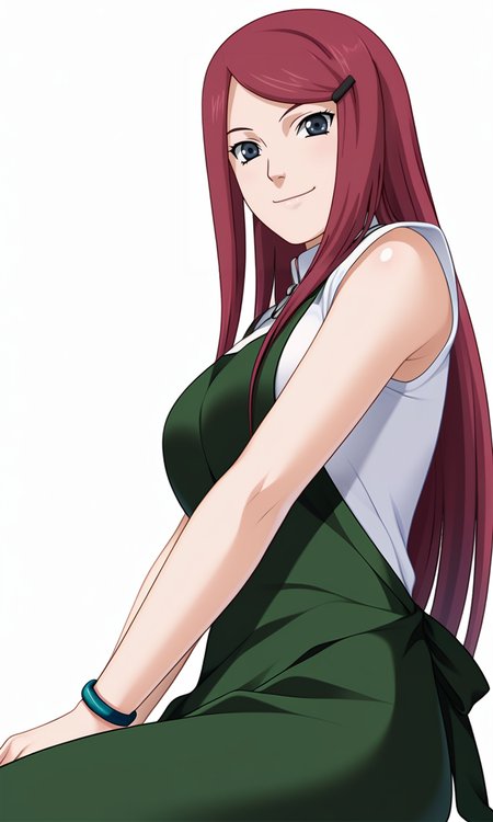 game cg,
breasts,
kushinauzumaki, 1girl, solo, looking at viewer, long hair, hairclip,
green apron, white shirt, collar, bracelet, 
from below, from side, sitting,
smile, closed mouth, 
white background, simple background,
 <lora:Naruto_KushinaUzumaki_v2_PXL-000018:1>