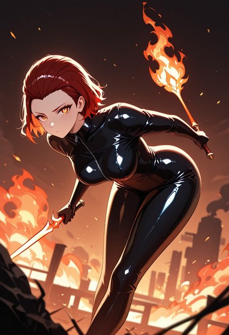 masterpiece, best quality, good quality, very aesthetic, absurdres, newest, 8K, depth of field,  in the style of cknc, artist:moriimee, in the style of cksc, 
1girl, short red hair, slicked back, amber eyes, medium breasts, perky, leather catsuit, fiery dagger, glossy skin, sneaking forward, looking at viewer, from side
BREAK
burning city, smoke rising, embers falling
BREAK
dynamic light, red tones, high contrast, fiery glow, rich details, tense atmosphere