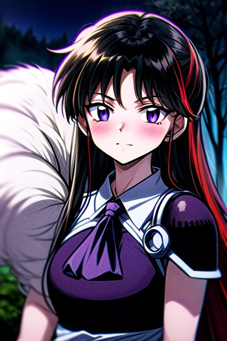 masterpiece,  best quality 1girl Setsun4 solo long hair,  (night time) forest background black hair very long hair purple eyes multicolored hair armor (fur trim) (medium body),<lora:EMS-179-EMS:0.800000>,<lora:EMS-293862-EMS:0.800000> bow, hair_bow, hair_tubes, red_bow, brown_hair, long_hair, bangs, ascot, frilled_bow, yellow_ascot, blush, smile, hair_between_eyes, athletic, armor, miko