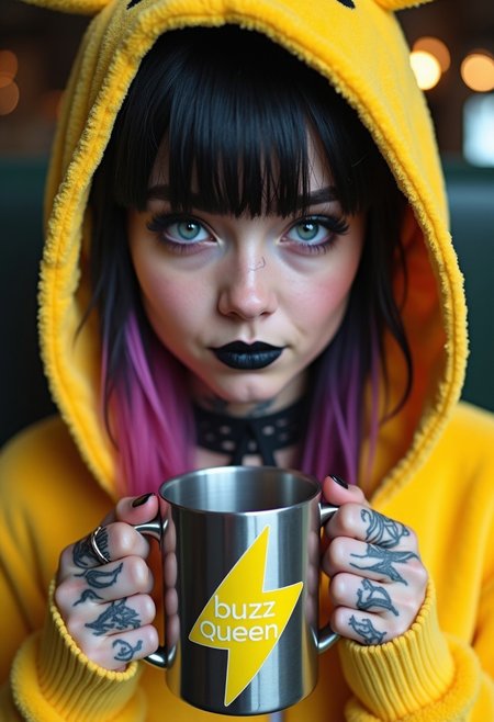 A high-definition photo of a beautiful 20yo goth girl, wearing Pikachu onesie, holding coffee mug. The girl has black hair with pink and purple highlights, framing her beautiful face. Her stunning blue eyes are accentuated by her black eyeshadow. Her lipstick is black and metallic purple. She has visible, vivid, intricate tattoos. The large steel mug bares a yellow lightning bolt logo with 'Buzz Queen' in large letters. 
8k detail