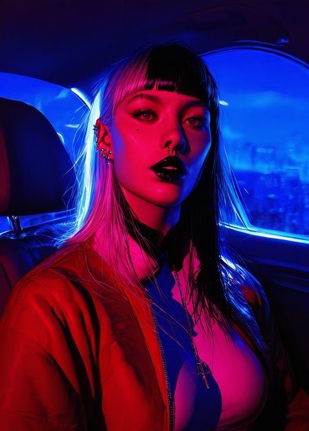 realistic,  
masterpiece, best quality, amazing quality, highres, absurdres, very aesthetic, very awa,expert shading, ultra detailed, UHD, 8K,
BREAK, 
(N3onSp3ctra:1.1),realism, 1girl, shoulder length hair, multi color hair, orange soft diffused lighting, piercing, jacket, solo, jewelry, car interior, long bangs, asymmetric bangs, black lips, white top, red jacket, cyberpunk, realism <lora:NeonSpectra-000006:0.75>