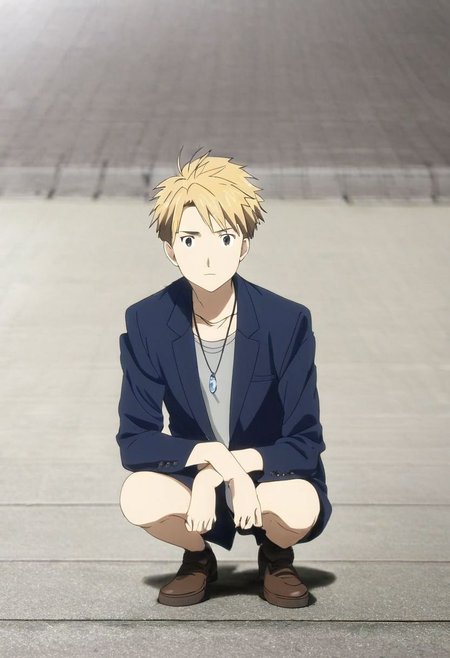 high resolution, solo, best quality, 1Boy, Yamato Ishida, Blond Hair, Necklace, lofi, candid, squat, depth of field, photo model, looking at viewer, OverallDetail