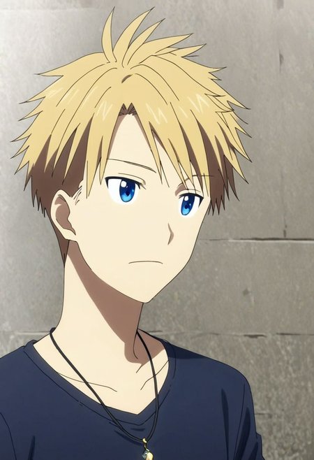 high resolution, solo, best quality, 1Boy, Yamato Ishida, Blond Hair, Blue Eyes, Necklace, existential longing, OverallDetail