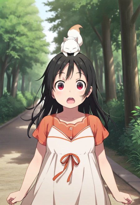 masterpiece,best quality,amazing quality, fushimi inari, black hair, red eyes, long hair, 1girl, animal on head, solo, on head, open mouth, dress, cat, outdoors, tree, cat on head, animal,  looking at viewer