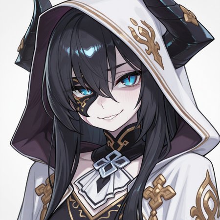 masterpiece, best quality, amazing quality, very aesthetic, absurdres, newest, usnr, Lhata4564_illu, 
1girl, solo,
jet-black hair, long straight, loose wild, ice-blue eyes, slit pupils, faint glow, pale skin, silvery sheen, freckle-dusted, obsidian horns, small curved, hidden glamour, slender build, 5'8" tall, athletic frame, perfect posture, dark tunic, charcoal red, silver runes, hooded cloak, half-mask, hawk motif, ceremonial robes, off-white peaked, gold embroidery, perfumed handkerchief, enchanted blade, sharp face, high cheekbones, thin lips, sly smile, stern expression, brow scar