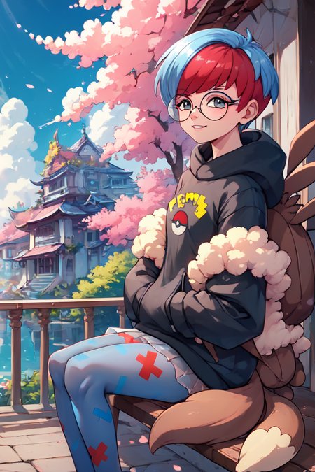 score_9, score_8_up, score_8, medium breasts, (curvy), cute, eyelashes,       ,,, , ,,, zzPenny, grey eyes, glasses, short hair, red hair, blue hair, multicolored hair, round eyewear, two-tone hair,  long sleeves, hood down, black hoodie, backpack, bag, brown bag, pantyhose,   see-through skirt,   <lora:Penny_Pokemon_PDXL:1.0>,  ,,,, BREAK, sitting on bench, side view, smile, looking at viewer, cowboy shot,  ,,, BREAK, pnkBldng, sky, day, cloud, tree, blue sky, building, architecture, east asian architecture,  ,,, BREAK, embedding:zPDXL, Expressiveh,  ,,, <lora:PinkBuildingsPDXL_v2:0.6>, <lora:SDXLFaeTastic2400:0.5>, <lora:Expressive_H-000001:0.4>