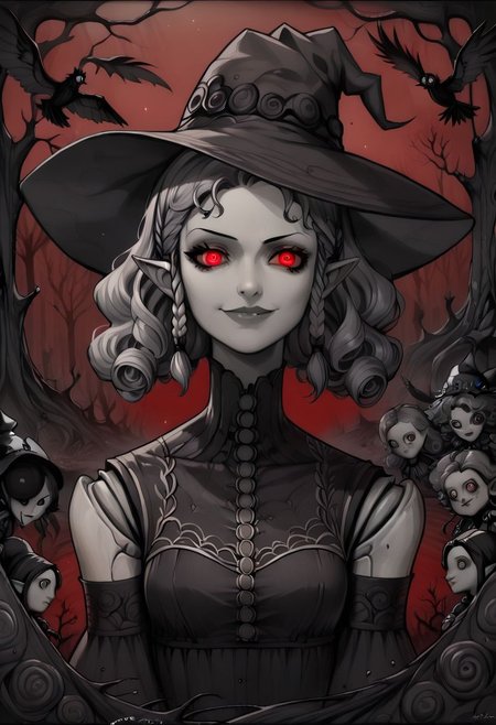 score_9, score_8_up, score_7_up, 
1girl, agratsmtvv, curly hair, grey hair, twin braids, colored skin, grey skin, red eyes, pointy ears, witch hat, black dress, detached sleeves, black wings, doll joints, glowing eyes, long horror,smile, evil smile, smirk, looking at viewer, secret garden, enchanted forest background, creepy, red theme, light particles, esoteric feel, volumetric shadows, detailed background, Dark Fantasy page, lineart, charcoal drawing, cowboy shot