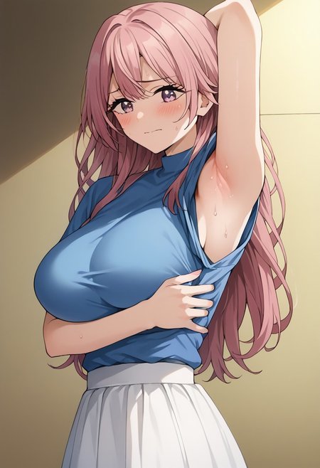 Masterpiece, Highest Quality, Score_9, Score_8_up, Score_7_up, source_anime. anime style. masterpiece, highres, absurdres. Best resolution.
shinju inui, long hair, pink hair, pink eyes, large breasts, skirt, shirt, short sleeves, white skirt, blue shirt, embarrassed. 
sweat. teardrop
pulling clothes to show armpit. hold clothes with one hand. armpit