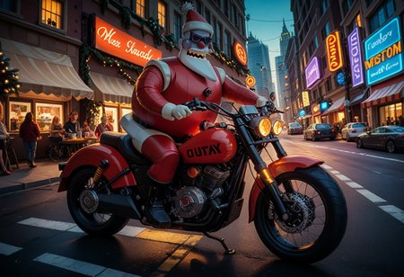 score_9, score_8_up, score_7_up,  Robotic Santa Claus in sunglasses rides to collect presents on a Harley-Davidson motorcycle, Christmad techтo city background