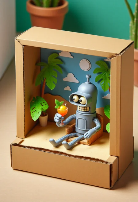 <lora:Finger_Puppet_Theater_FLUX-000013:0.9>
The image is a photograph of a whimsical, handcrafted diorama with a cardboard box set up as a stage,  featuring  Bender on the beach, lounging, drinking a tropical drink