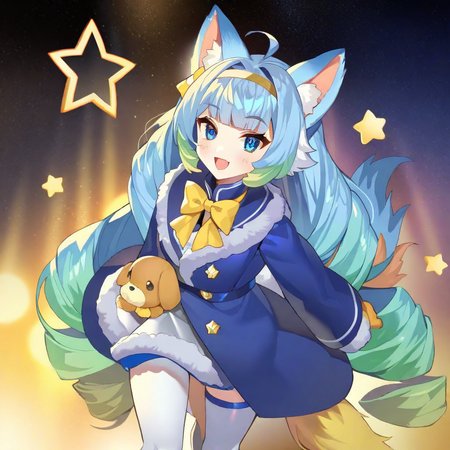 by teffish, jelly hoshiumi, 1girl, 2D anime, solo, blush, smile, blue eyes, very long hair, blue hair, small breasts, drill hair, blunt bangs, green hair, star (symbol), gradient hair, short antennae with stars on the ends, yellow bow, star hair ornament, yellow hairband, hair ornament BREAK
(full body), (furry, short blue fur, dog ears:1.5), (high quality) <lora:Jelly_Hoshiumi_XL:0.7>