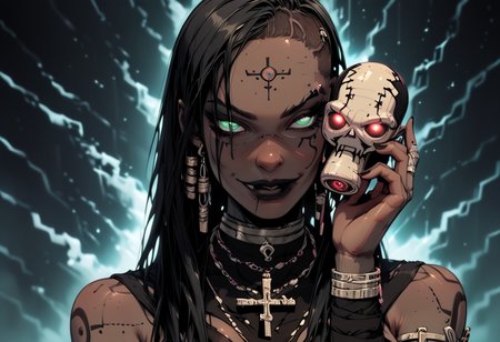 score_9, score_8_up, score_7_up, 1girl, solo, medium breasts, voodoo priestess clothes, dark eye shadow, eyeliner, black lipstick, long dreadlocks undercut, smirk, black hair, muscular, pale skin, wide hips, sitting cross-legged,
...
((she holds one voodoo doll in her hand and dagger in the other hand, glowing voodoo dolls,)) jewelry, magic circle, necklace, tribal background, hyperrealistic, ultra-detailed, intricate ritualistic attire adorned with meticulously crafted skulls and bones, glowing vibrant tribal symbols with intricate patterns, ethereal smoke swirling in iridescent colors, ambient and dramatic lighting highlighting face with intricate details, eerie and enchanting, powerful, enigmatic,
...
green eyes, perfecteyes, sinozick style, dark theme, g4n1m3, hand, black skin, black lips, very dark skin, ebony, aiebonyskin, voopri, bioluminescent, glowing,
...
<lora:PerfectEyesXL:1>, <lora:Sinozick_Style_XL_Pony:0.8>, <lora:g4n1m3XLP:0.8>, <lora:detailed_hands:1>, <lora:25dcartoonv2.hdtq:0.6>,  <lora:Ebony_Pony_XL:1>, <lora:VoodooPriestess:1>,  <lora:Bio-Luminescence:1>