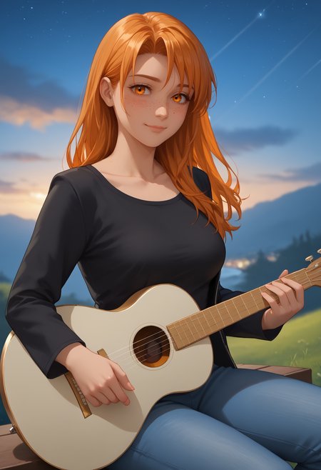 score_9, score_8_up, score_7_up,
best quality, masterpiece, ultra detailed, aesthetic,
22 years old, 168 cm height,
<lora:Expressive_H:1>, light smile, closed mouth, blush, mature face, cute make-up, 
looking at viewer, solo focus, 
<lora:Everlasting_Summer_Alisa_by_GraffMetal:0.7>, aliska, orange hair, long hair, right side bangs, orange eyes, face freckles, body freckles, medium breasts, dark-skinned female, dark skin, 1girl, solo,
instrument, jacket, pants, bottle, denim, shirt, jeans, black shirt, sitting, playing instrument, leather jacket, stage(place), collarbone, black jacket, outdoors, blue pants, long sleeves, music,
amazing background, night, stars, clouds, sky, depth of field, blurry, blurry background, cozy, cinematic,
<lora:Better_Quality_by_GraffMetal_V2.1_Style:0.7>,
<lora:Everlasting_Summer_Vanilla_Style_by_GraffMetal_3.0:0.5>,