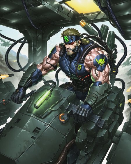 2d,illustration,a cybermutant solid snake piloting a metal gear,  <lora:Fleshmutant_R2-000003:1>