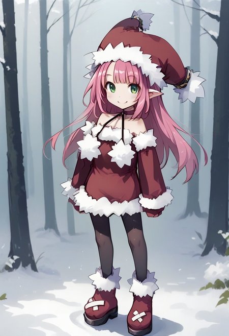 1girl_Witch, solo,pink hair,long hair,green eyes,fur-trimmed sleeves, hat, pantyhose, fur-trimmed dress, fur-trimmed red clothes, fur-trimmed headwear, fur-trimmed boots , red footwear, bare shoulders, pom pom \(clothes\), choker, detached sleeves ,forest,day,,score_9, score_8_up, score_7_up,  ,smile,cheek,