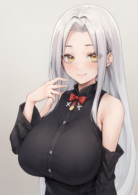 1girl, mare s. ephemeral, huge breast, bare shoulders, black dress, black sleeves, blush, bow, buttons, closed mouth, cowboy shot, cross ornament, detached sleeves, double-parted bangs, dress, eyelashes, eyes visible through hair, grey background, hair between eyes, hair bow, hair ribbon, hand up, long hair, long sleeves, looking at viewer, red bow, red ribbon, ribbon, sleeveless, sleeveless dress, smile, solo, standing, star (symbol), straight hair, very long hair, white bow, white hair, white ribbon, yellow eyes,<lora:fuguta-kemasuo:1>
