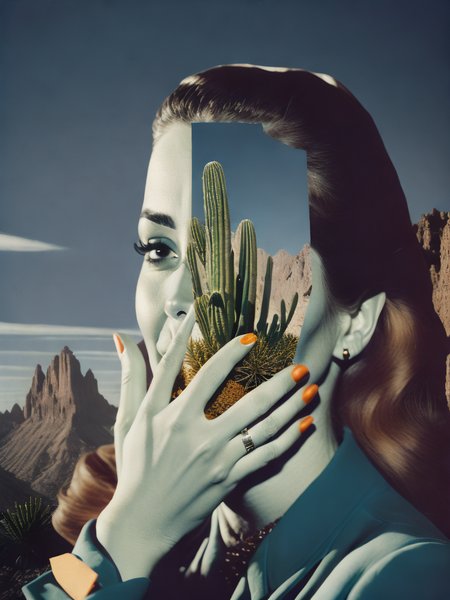 <lora:Collage:1>a collage of a woman's face with a cactus in the background