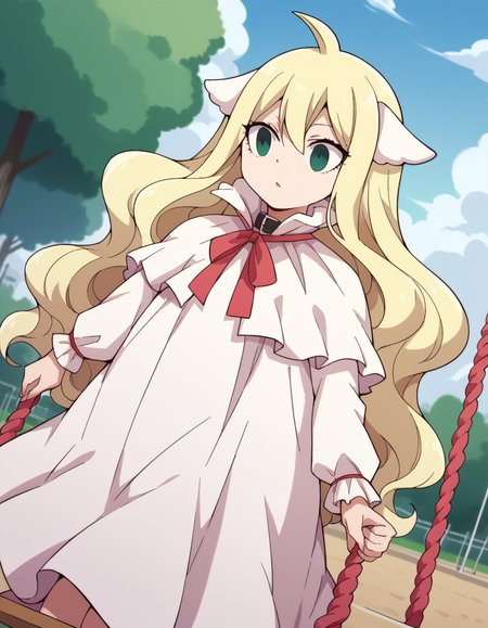 score_9, score_8_up, score_7_up, source_anime, <lora:mavis-vermillion-anime-ponyxl-lora-nochekaiser:1>, mavis, long hair, blonde hair, green eyes, ahoge, wavy hair, animal ears,, dress, white dress, collar, ribbon, red ribbon, capelet, long sleeves,, public park, playground, swing set, laughter, sunny day, , , hand on hip, solo,, cowboy shot, dutch angle