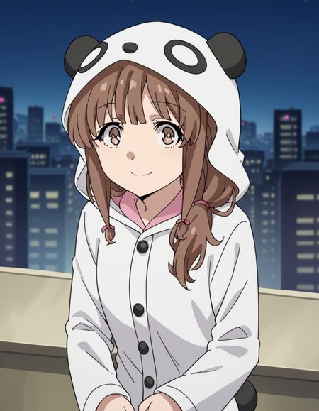 score_9, score_8_up, score_7_up, source_anime, <lora:kaede-azusagawa-s1-ponyxl-lora-nochekaiser:1>, kaede azusagawa, long hair, bangs, brown hair, brown eyes,, animal ears, tail, hood, pajamas, animal hood, animal costume, panda ears,, city skyline, rooftop view, night time, city lights, quiet reflection, smile, looking at viewer, solo,, cowboy shot, dutch angle