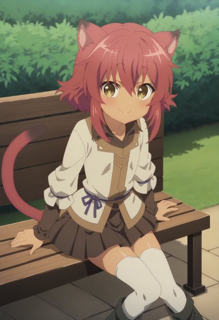 score_9, score_8_up, score_7_up, score_6_up, score_5_up, score_4_up , anime coloring ,BREAK source_anime, anime,screencap,
 1girl, solo, choujinroux, layered sleeves, shirt, cat girl, skirt, white thighhighs, boots, <lora:PonyXL Choujin Roux V1:1>
 outdoors, park, (sunny day), sitting on bench,
smile, looking at viewer,