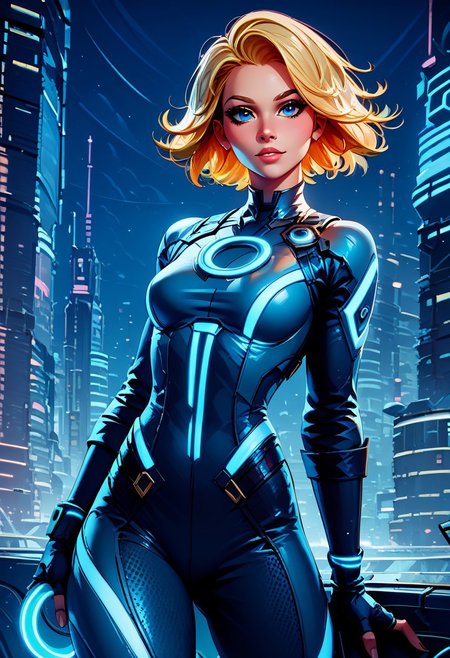 score_9, score_8_up, score_8, medium breasts, (curvy), 
zzCitronLegacy, 1girl, solo, breasts, looking at viewer, short hair, blue eyes, blonde hair, gloves, fingerless gloves, medium hair, lips, bodysuit, neon glow, 
city, night, 
zPDXL, Expressiveh