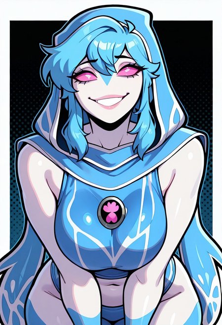masterpiece, best quality, amazing quality, very aesthetic, absurdres, newest,, detailed background, 
 ampfibian,1girl, no humans, colored sclera, pink eyes, blue skin, tentacles, extra eyes, colored skin, squid, jellyfish, blue hood, blue croptop, leaning forward, hood up, white skin, smile, blue hair, blue bangs, hair on shoulders, long hair, sexy pose, seductive pose
((upper body,)) halftone effect, white borders, abstract background:1.2, 
welith, curvy, busty,