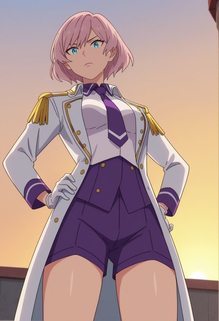 score_9, score_8_up, score_7_up, anime screencap, source_anime, 1girl, solo,
<lora:Mujina_SSSS.Dynazenon_V2:.85>, KJOmujina, short hair, pink hair, blue eyes, thick thighs,
navy coat, long sleeves, white gloves, purple shorts, white collared shirt, purple collar, purple tie, 
hand on own hip, serious, looking at viewer, from below, dutch angle, 
rooftop, sunset,
(Beautiful, medium Breasts:1.2), natural breasts,