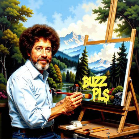 A captivating, richly textured oil painting brings to life the quaint atmosphere of Bob Ross's studio, as he works on a lush green forest landscape. In this unique fusion of two iconic styles, the painting exudes both the charm of classic impressionism and the warm, comforting feel reminiscent of "The Joy of Painting." The setting is a tranquil forest with misty trees swaying gently in the breeze and soft mountain silhouettes on the horizon. A focus on the classical lighting techniques adds an air of sophistication to the work. On his easel stands a painting-in-progress, tagged with "BUZZ PLS" in bold, messy yellow graffiti letters that contrast sharply against the serene landscape but add a playful and modern touch. The composition is highly detailed and realistic, boasting painterly depth and meticulous brushstrokes that capture every nuance of this magical scene.BobRoss, dismllfrt, aidmatextimprover, Detailed hand, Hand, Perfect hand  <lora:Bob_Ross.safetensors:1.0000000000000002> <lora:Classic-Oils_dismllfrt.safetensors:1.0000000000000002> <lora:Textimprover-FLUX-V0.4.safetensors:0.8000000000000002> <lora:Hand v2.safetensors:0.9000000000000001>