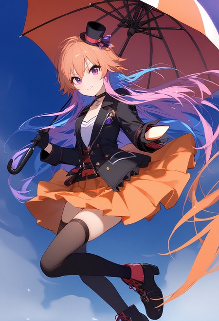 1girl,
ninomiya asuka,


solo, looking at viewer, hair extensions, hat, light blush, jacket, black jacket, pink hair, orange hair, blue background, mini top hat, orange skirt, gloves, v-shaped eyebrows, black footwear, holding, long sleeves, boots, white hat, blue hair, long hair, purple hair, holding umbrella, pleated skirt, black thighhighs, skirt, purple eyes, two-tone hair, smile, multicolored hair, black gloves, closed mouth, top hat, hair between eyes, umbrella, mini hat, thighhighs, full body, choker, black choker, standing,

sfw
<lora:a31_char_new_ninomiya_asuka-000008:1> <lora:a31_style_koni-000010:0.8>