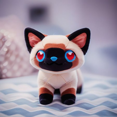 score_9, score_8_up, score_7_up, pikaole, no humans, animal focus, (Siamese cat:1.05), fur, full body, solo, blurry background, (plush doll:0.8), cute, rating_safe, source_furry, pikaole, source_photorealistic
