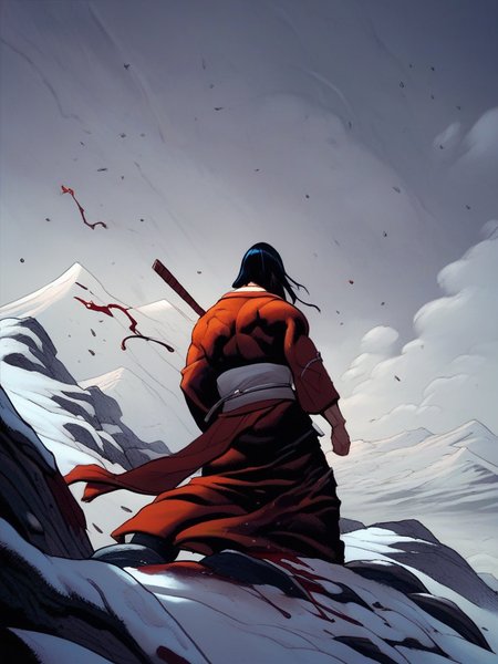 score_9, score_8_up, score_7_up, samurai, temple, snow, blood around, faceless male, kimono, epic shot, dynamic angle, mountains, rocks, mistery, cowboy shot, 
 <lora:FrankCho_style:1>, FrankchoStyle,