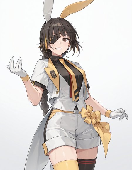 Volumetric Lighting, (masterpiece), (best quality), (ultra-detailed), masterpiece, source_anime, score_9, score_8_up, score_7_up BREAK, illustration, disheveled hair, detailed eyes, perfect composition, moist skin, intricate details, detailed eyes, detailed face, detailed fingers BREAK, brown eyes, long braid, single braid, black hair, blonde hair, streaked hair,scar across eye BREAK, OneEyedRabbitKnight,ORK_black_shirt, ORK_white_shirt,open vest open shirt, ORK_bow, ORK_belt, ORK_vest, ORK_necktie, ORK_gloves, def_eyepatch, def_shorts, ORK_fake_rabbit_ears, mismatched legwear, ORK_thighhighs BREAK, (((simple background, white background))), standing, looking at viewer,upper body,smile, grin,hand up, ,shadow