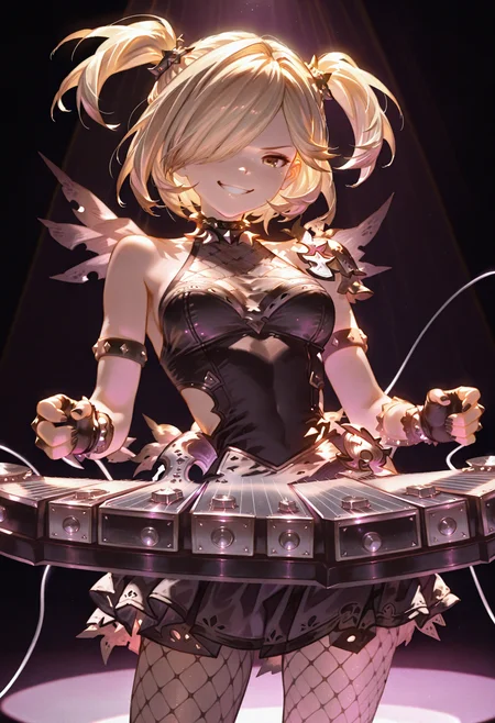 masterpiece, best quality, amazing quality, very aesthetic, high resolution, absurdres, anime,
photo background, photography \(artwork\), photo \(medium\), detailed, detailed background, detailed clothing, detailed hair, detailed eyes, wrinkles, skin folds, intricate, volumetric lighting, dramatic lighting, backlighting, very awa, very aesthetic, dynamic,
dark background, on stage, spotlight, 
1girl, solo, smile, grin, 
djeeta \(granblue fantasy\), djeeta \(rising force\), 
blonde hair, twintails, hair over one eye, 
playing instrument, double-neck guiter, electric guiter, 
black dress, black skirt, black fishnet pantyhose, 
fingerless gloves, black nail polish, 
<lora:TrendCraft_The_Peoples_Style_Detailer-v2.3I-4_16_2025-Illustrious:0.5> 
 <lora:Djeeta_Rising_Force_Granblue_Fantasy:0.8>