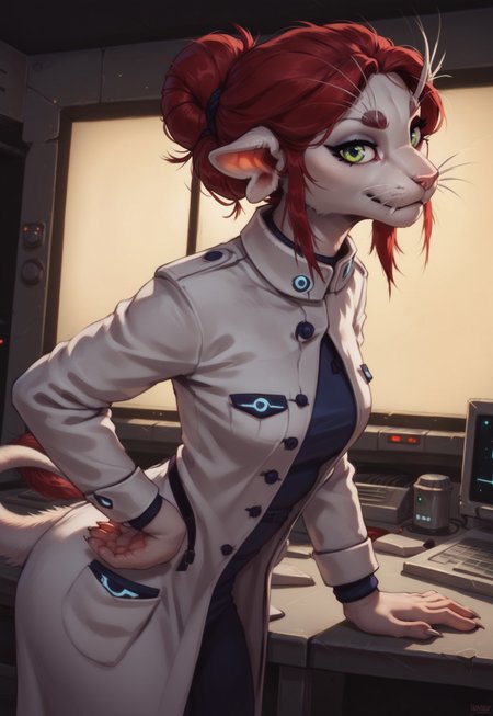 score_9, score_8_up, masterpiece, volumetric lighting, dramatic angle, from side, sunny, 1girl, furry female, ariralxl, white body, lab coat, clothed, green eyes, whiskers, animal nose, alien ears, long hair, single hair bun, red hair, tail, looking at viewer, cowboy shot, hands on hips, leaning forward, posing, facility background, table, computers, microwave
