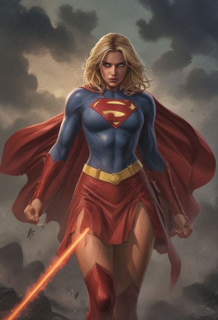 High resolution ultra-realistic of Beautiful Supergirl fighting against alien invasion, attractive body, cinematic style, capturing the intensity of the moment, dc comics, dramatic lighting, standing on a bloody and stormy battlefield in a fighting pose, fire, realistic combat costume, red mini skirt, perfect athletic figure, handsome dirty bloody face, wavy blonde hair, superheroine charming, beautiful perfect detailed pupils, wet oily shiny skin, beautiful firm Breasts, defiant and seductive, sexy 20 year old girl, 8k resolution concept art portrait by Greg Rutkowski