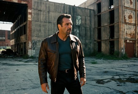 cinematic still photography, Vinnie Morano, late 40s, grizzled features, worn leather jacket, standing in the shadows of the abandoned warehouse, industrial area, gritty atmosphere, worn concrete, rusted metal, broken windows, urban decay, cinematic framing, high-angle shot, wide lens, cinematography inspired by Dante Spinotti, direction inspired by Michael Mann, 1990s crime thriller vibe. Hollywood action movie film style,  <lora:Hollywood action movie film style:0.85>