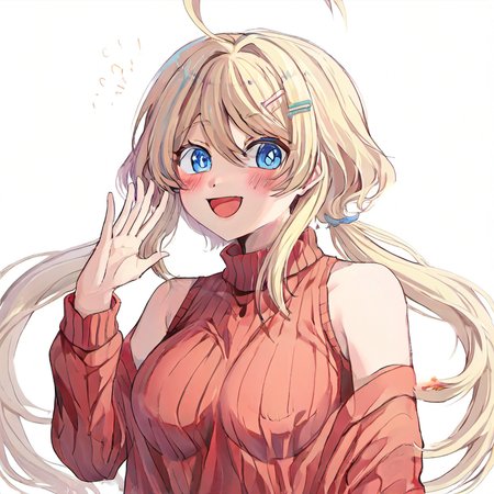 1girl, hachimiya meguru, huge breast, :d, ahoge, bare shoulders, blonde hair, blue eyes, blush, breasts, hair ornament, hairclip, long hair, low twintails, open mouth, red sweater, ribbed sweater, sleeveless, sleeveless sweater, smile, solo, sweater, turtleneck, turtleneck sweater, twintails, upper body, waving,